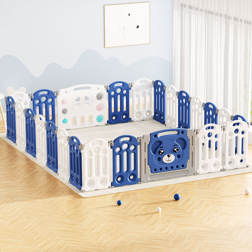 Kids Baby Playpen 24 Panel Foldable Toddler Fence Activity Centre - Blue & White