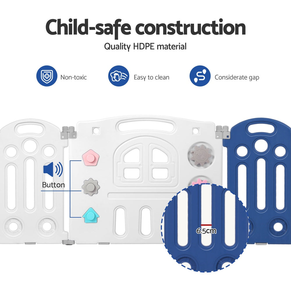 Kids Baby Playpen 24 Panel Foldable Toddler Fence Activity Centre - Blue & White - Homecoze