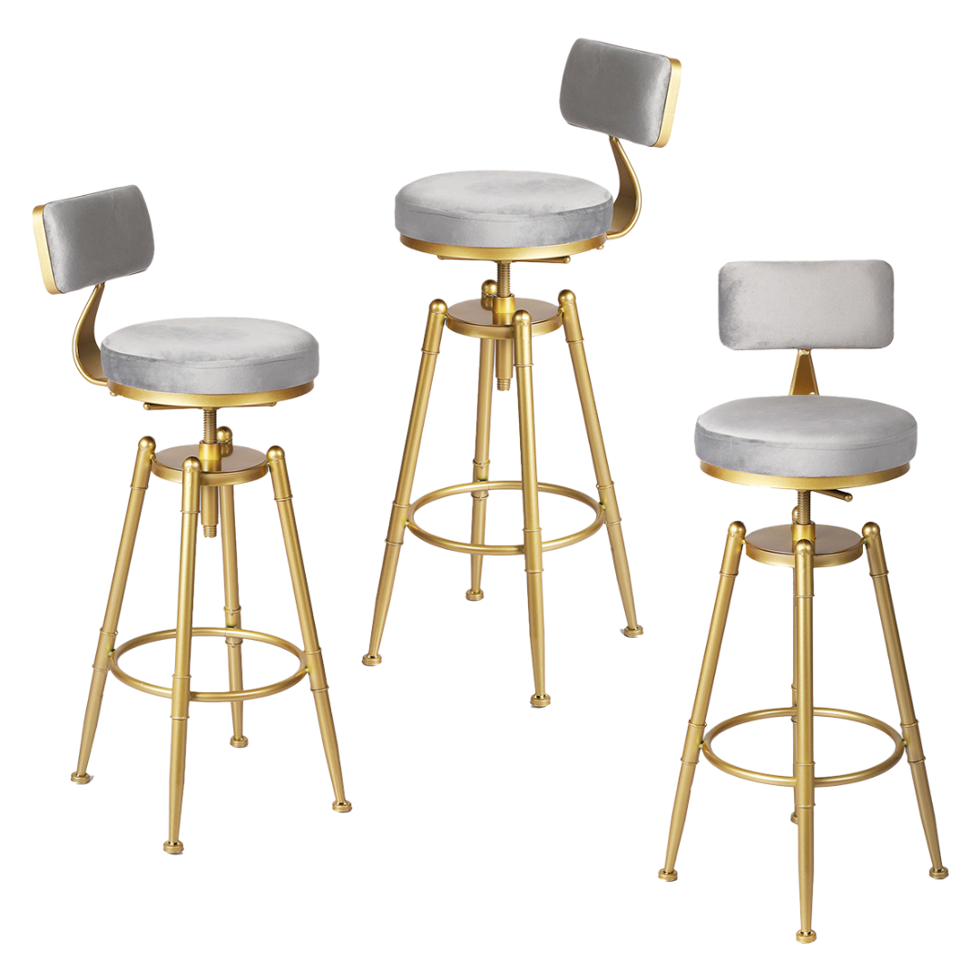 Alexis (Set of 3) Velvet Bar Stools - Grey - Homecoze