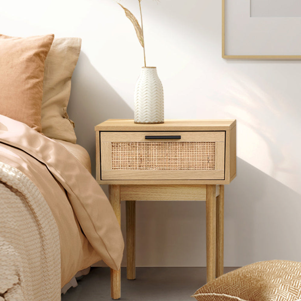 Lola Rattan Bedside Table 1 Drawer – Oak - Homecoze