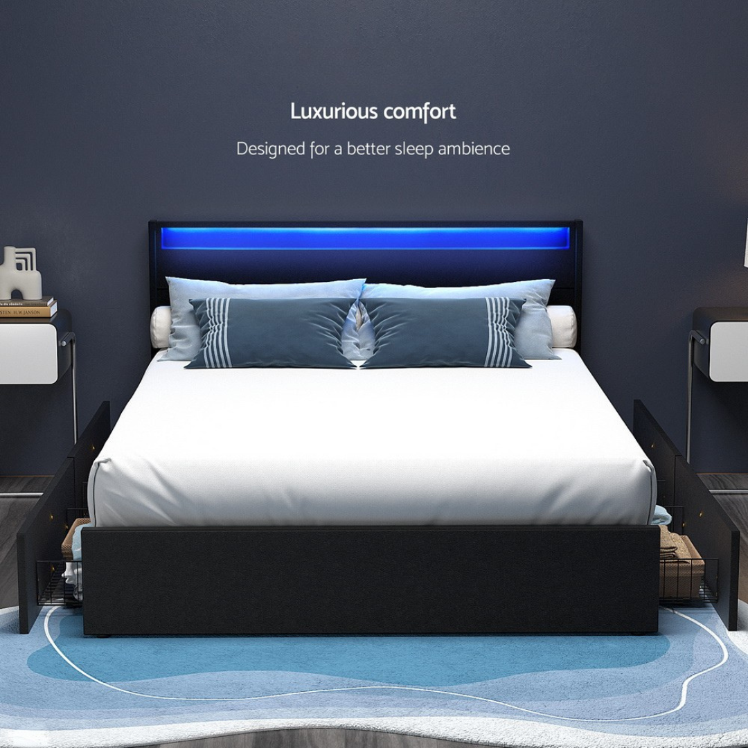 Newport (Queen) LED Storage Bed Frame - Black - Homecoze