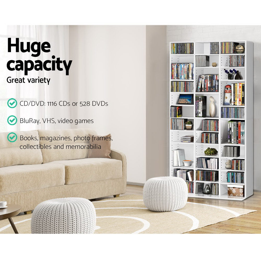 Adjustable Shelf Rack CD/DVD/Game Bookshelf Storage Unit - White - Homecoze
