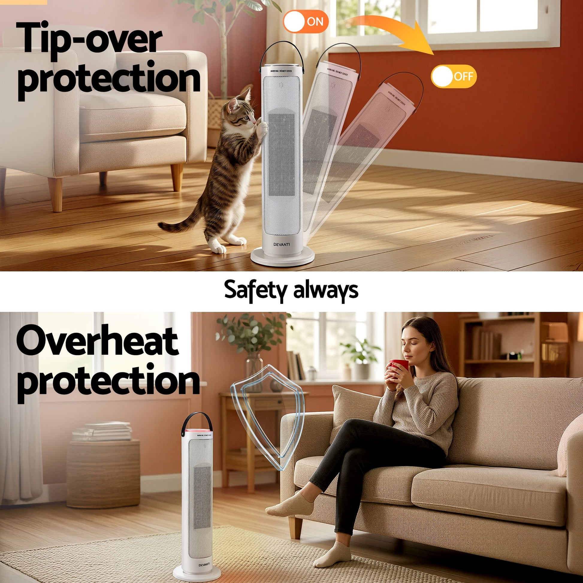 Devanti 2000W Ceramic Tower Heater Space Heaters Oscillating Indoor White - Homecoze