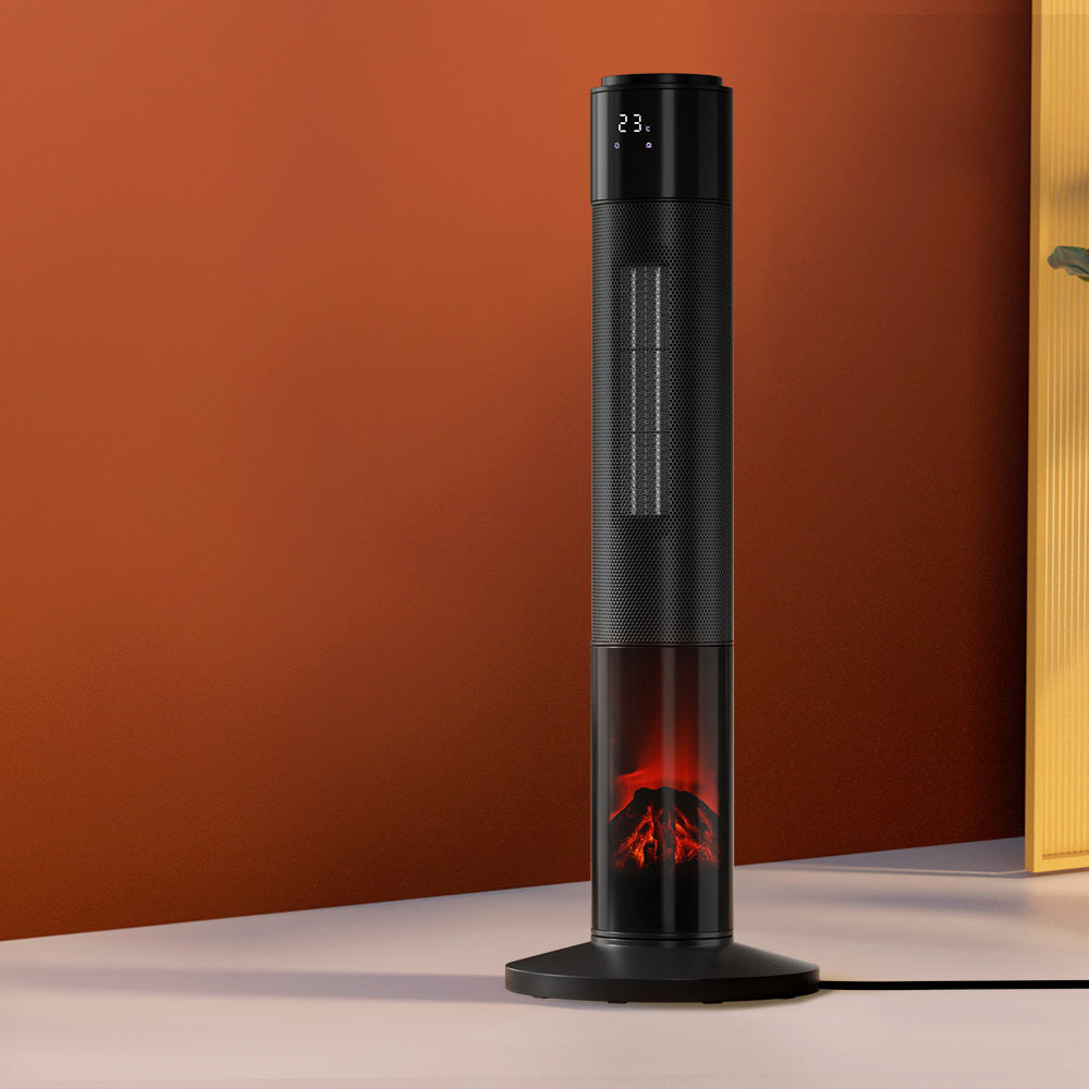 3D Flame Effect Electric Ceramic Tower Heater 2000W - Black - Homecoze