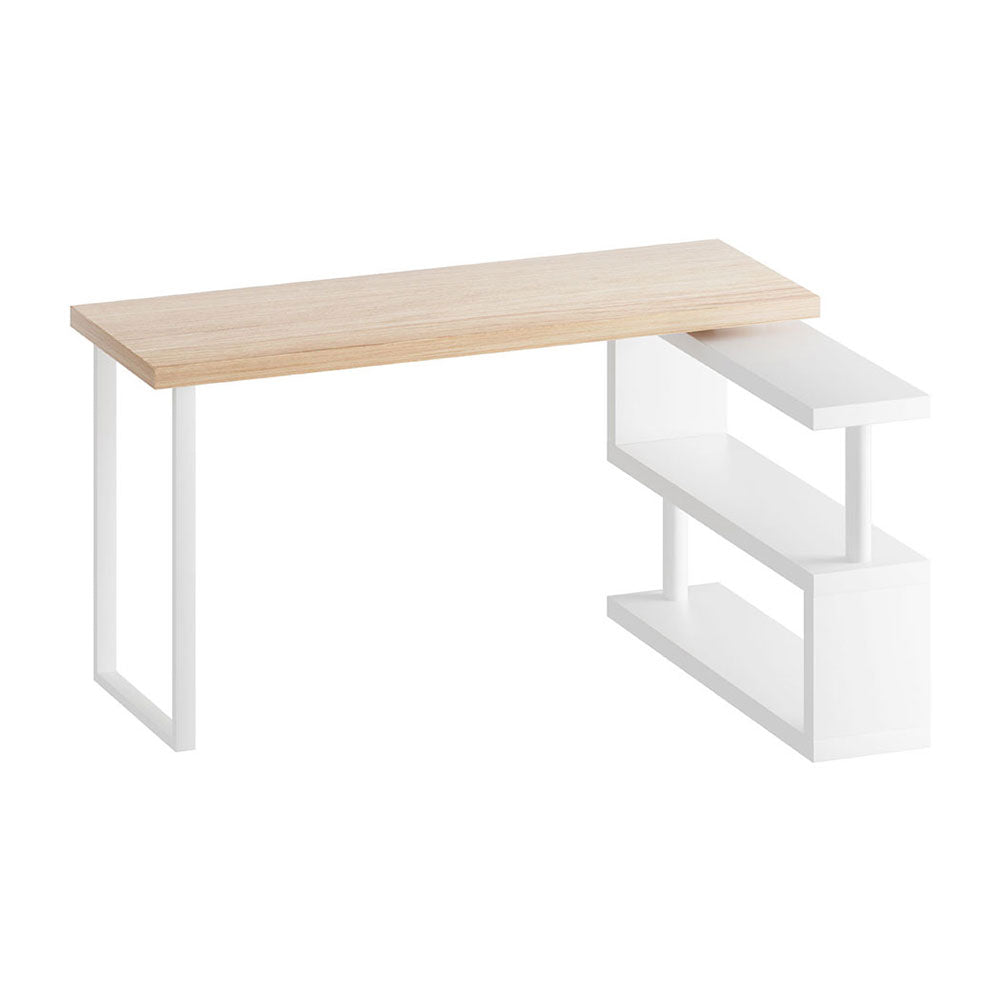Rotary Corner Desk with Bookshelf - White & Oak - Homecoze