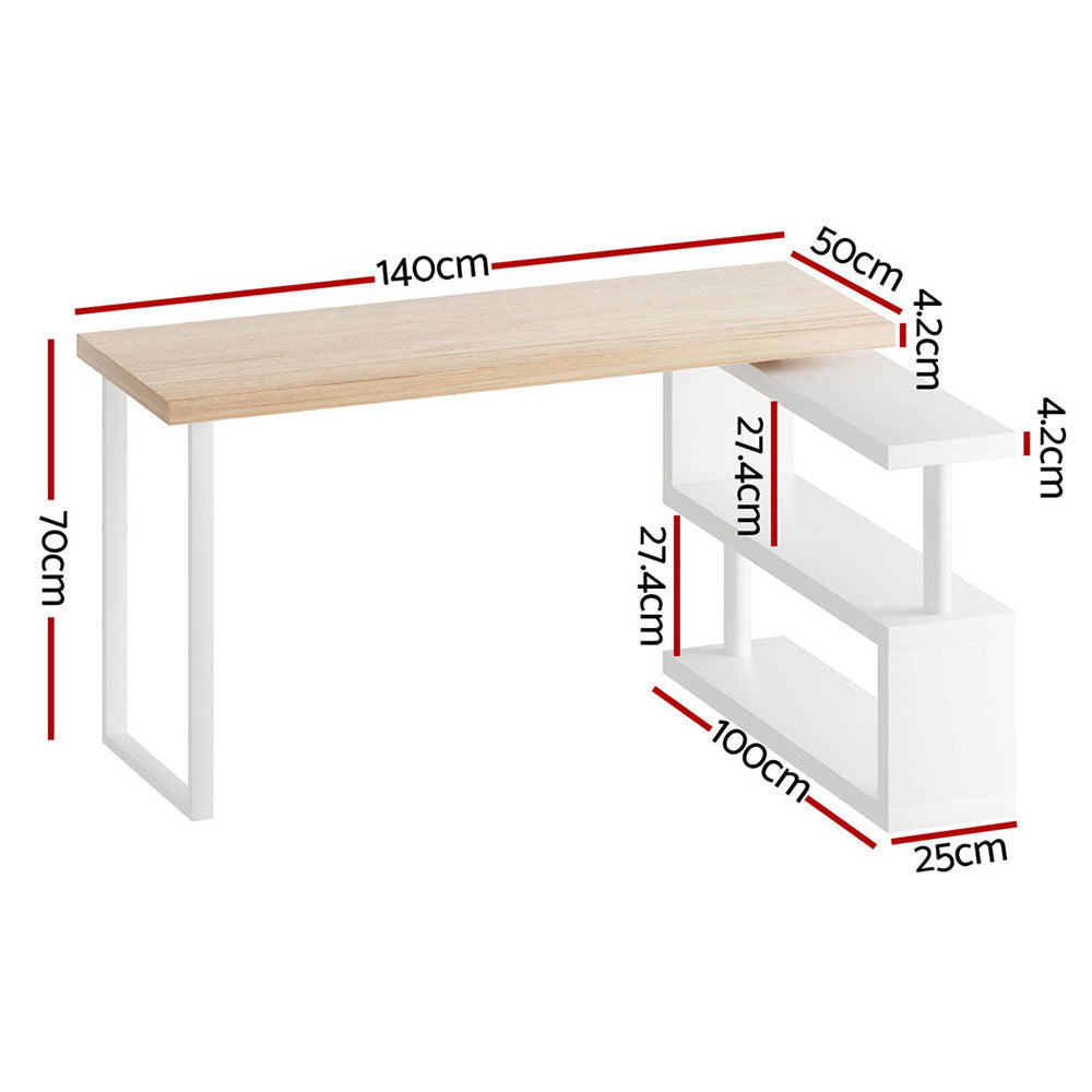 Rotary Corner Desk with Bookshelf - White & Oak - Homecoze
