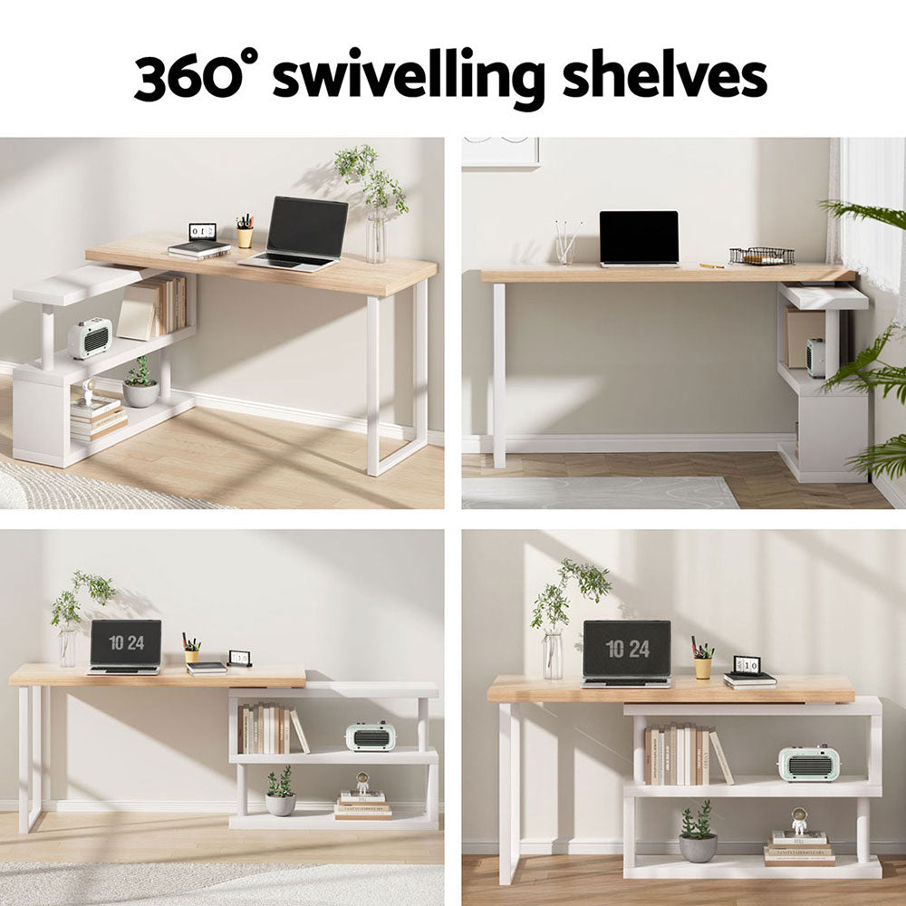 Rotary Corner Desk with Bookshelf - White & Oak - Homecoze