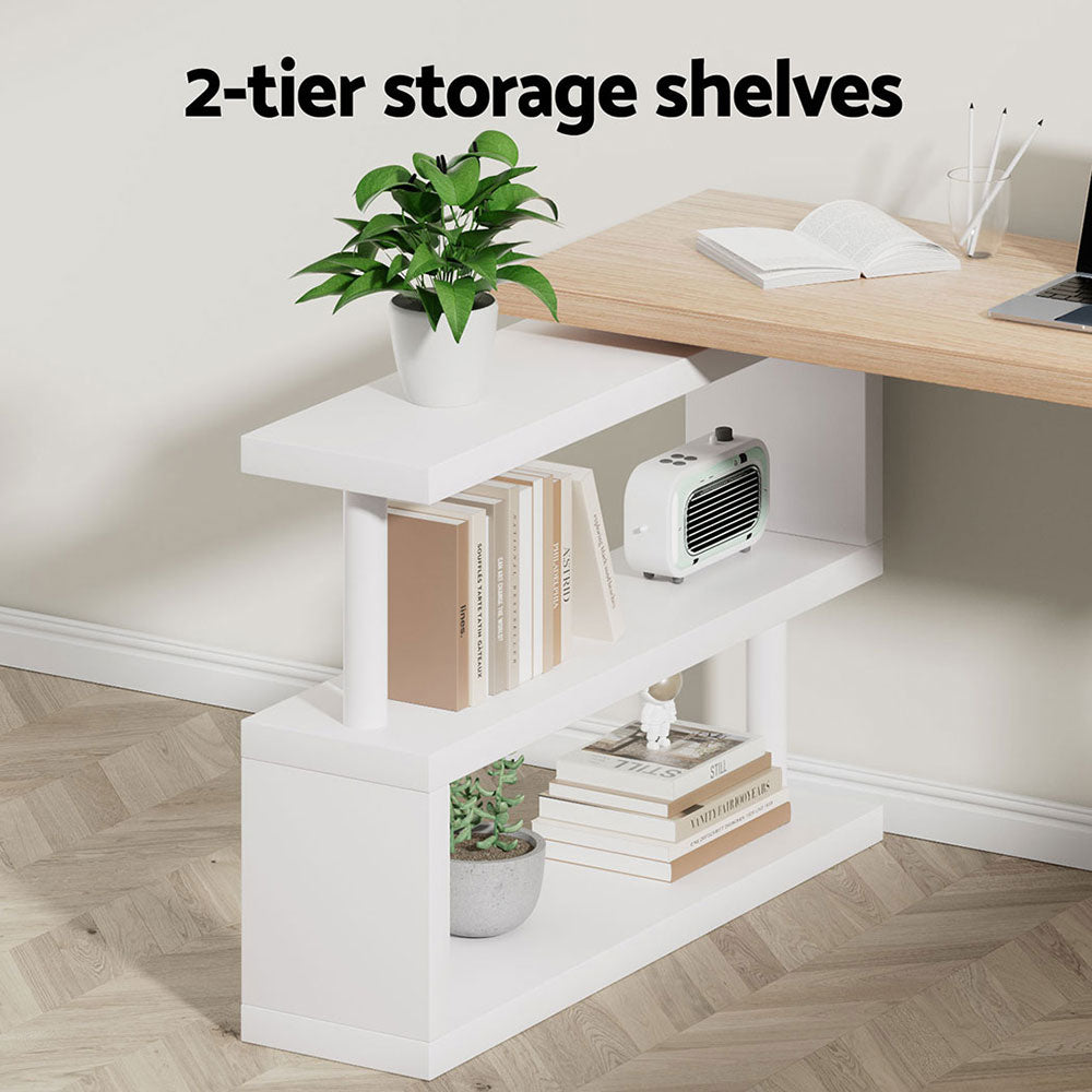 Rotary Corner Desk with Bookshelf - White & Oak - Homecoze