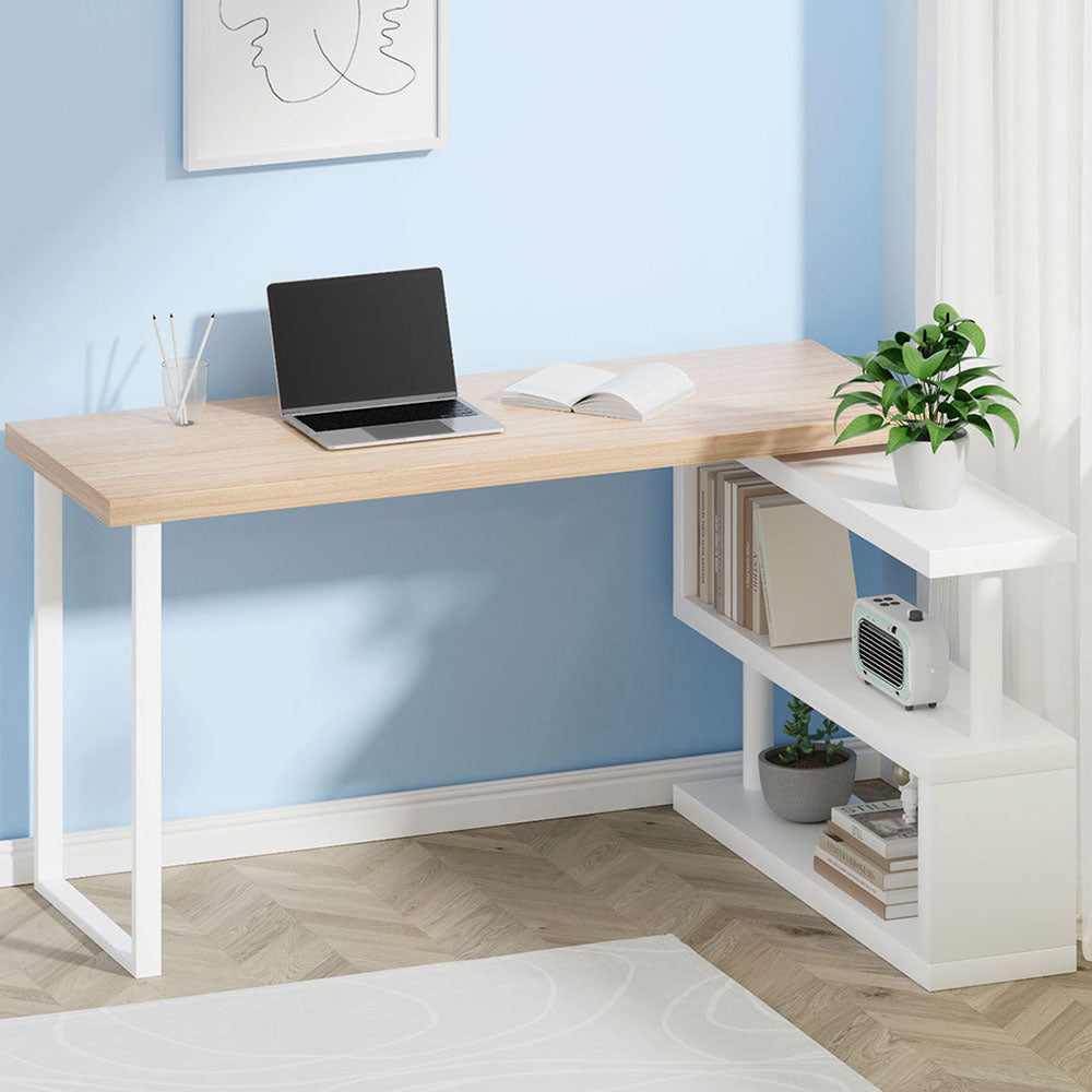 Rotary Corner Desk with Bookshelf - White & Oak - Homecoze