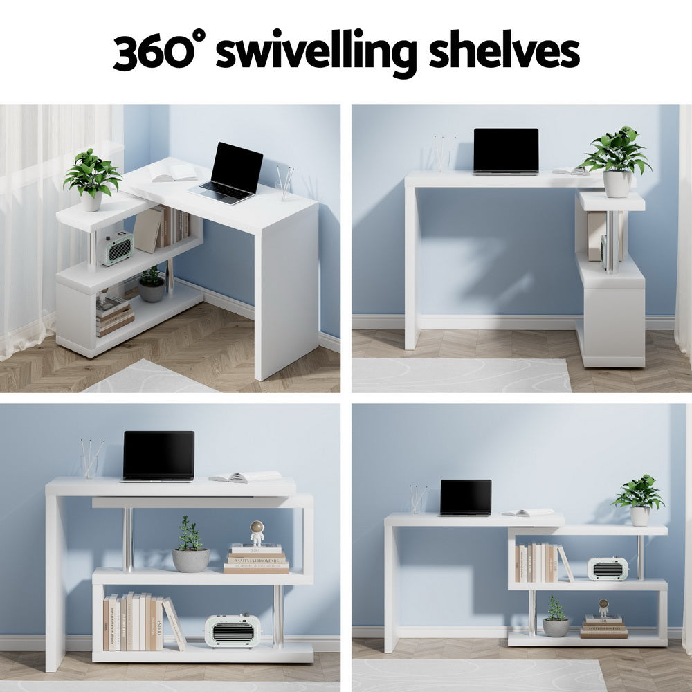 Rotary Corner Desk with Bookshelf - White - Homecoze