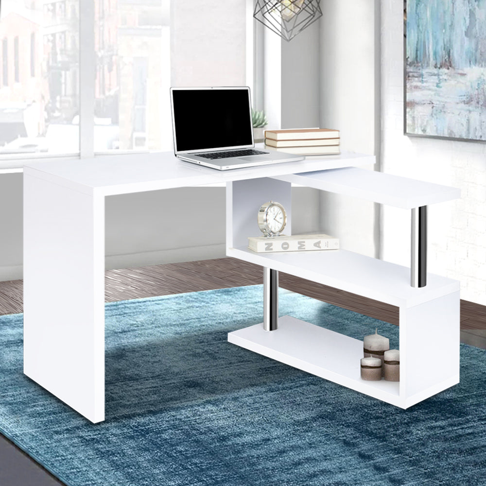 Rotary Corner Desk with Bookshelf - White - Homecoze