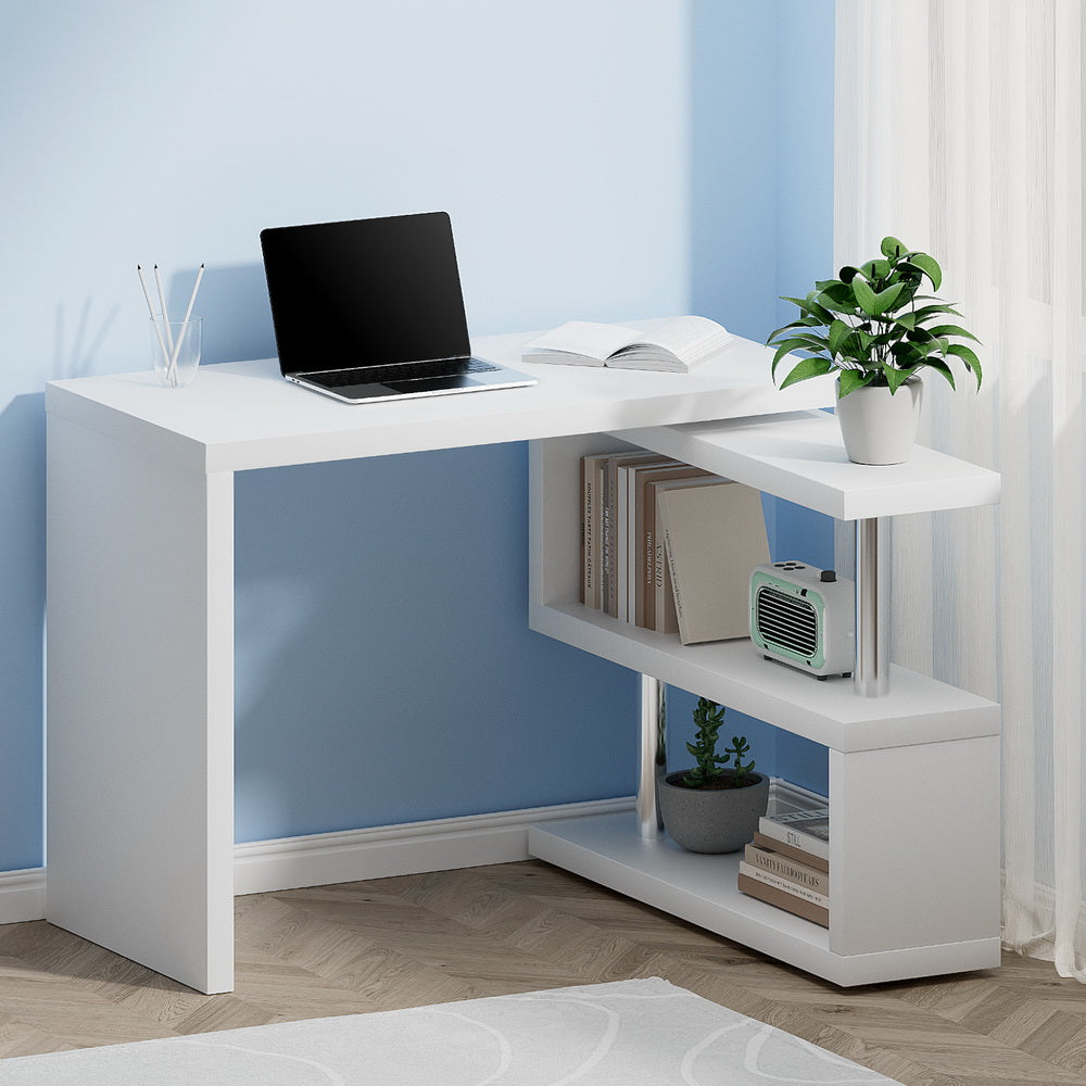 Rotary Corner Desk with Bookshelf - White - Homecoze