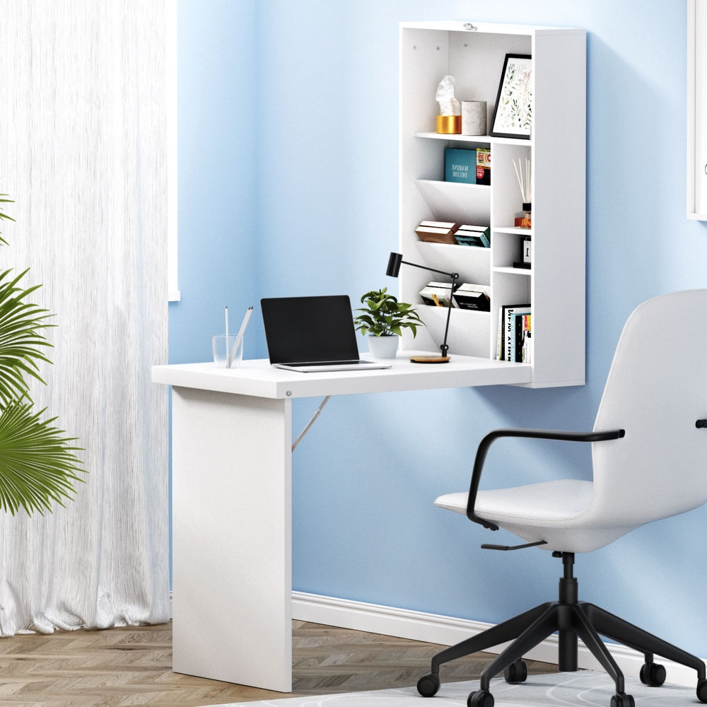 Foldable Space Saving Wall Mounted Bookshelf Desk - White - Homecoze