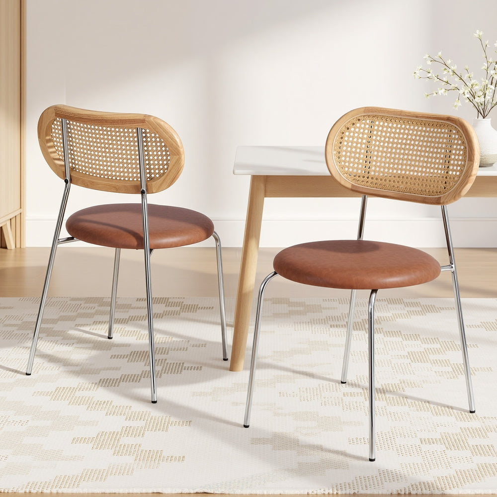 Savona (Set of 2) PU Leather Rattan Dining Chairs - Brown