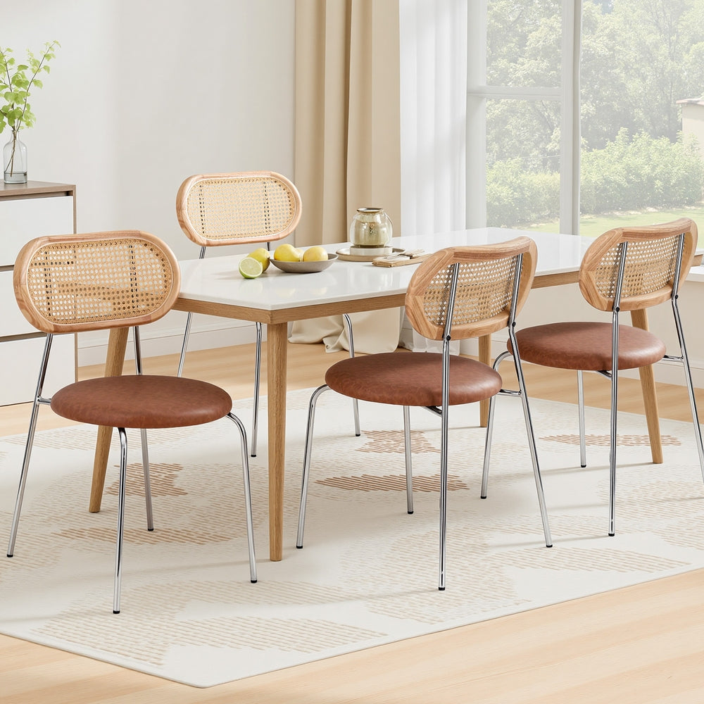 Savona (Set of 4) PU Leather Rattan Dining Chairs - Brown