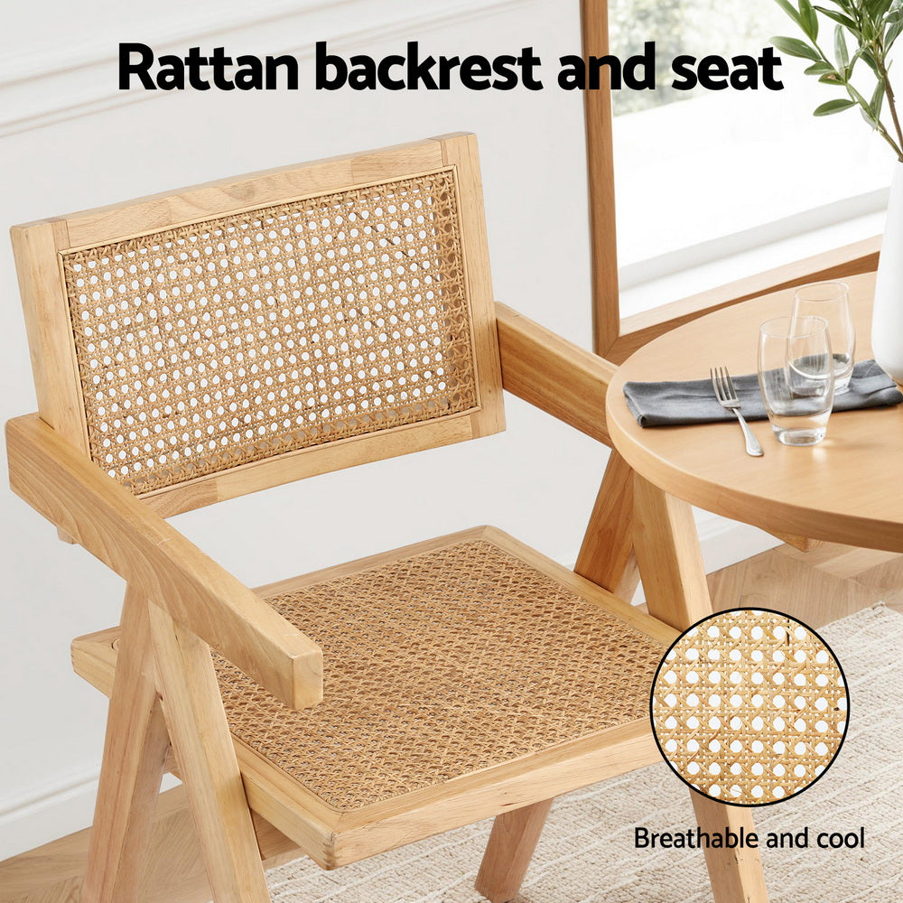 Artiss 2x Dining Chairs Wooden Rattan Seat Rubber Wood Frame - Homecoze