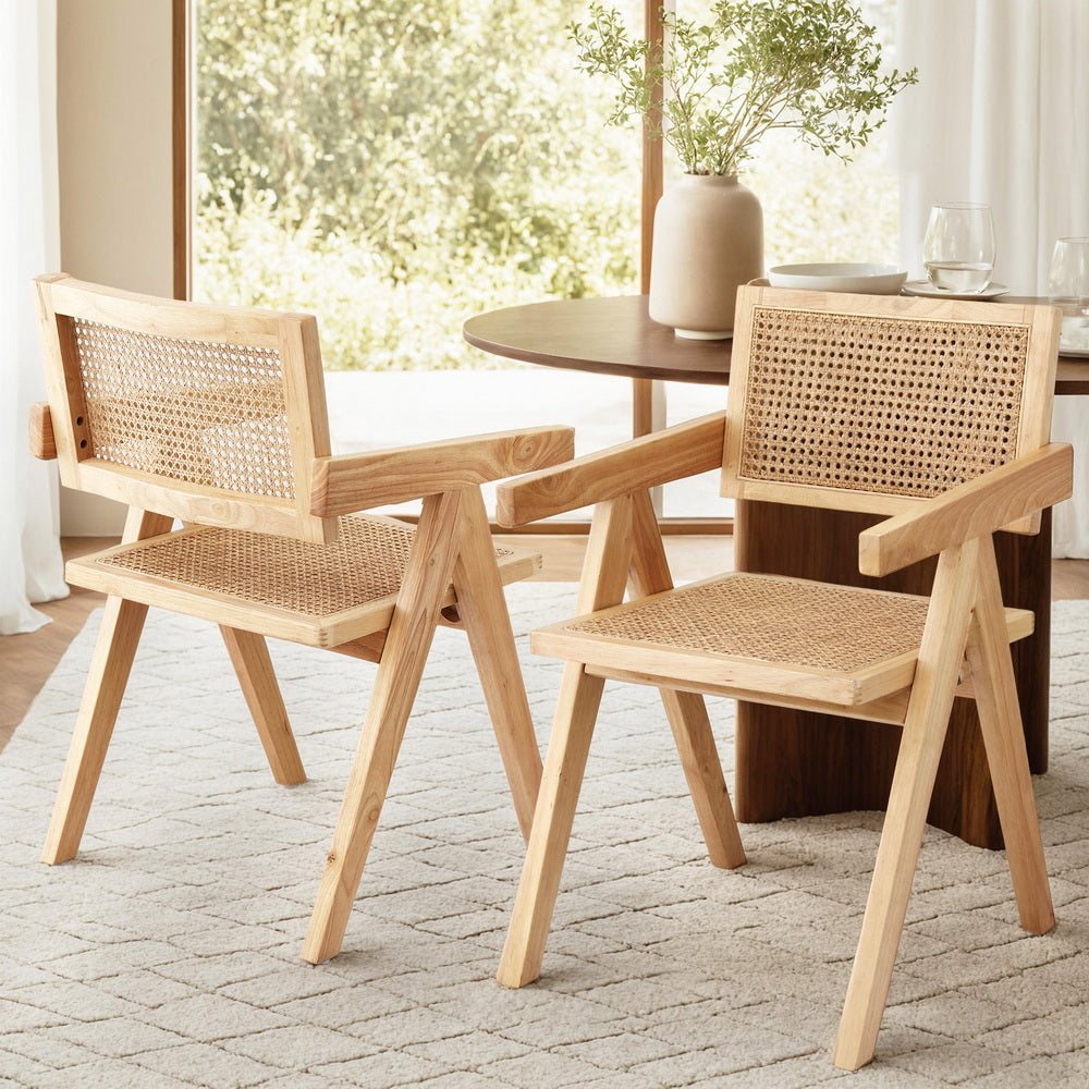 Artiss 2x Dining Chairs Wooden Rattan Seat Rubber Wood Frame - Homecoze
