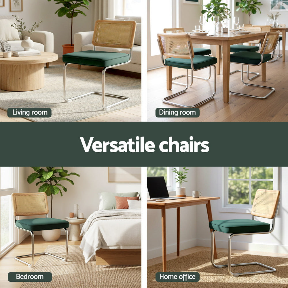 Artiss Dining Chairs Set of 2 Velvet Rattan Cantilever Green - Homecoze