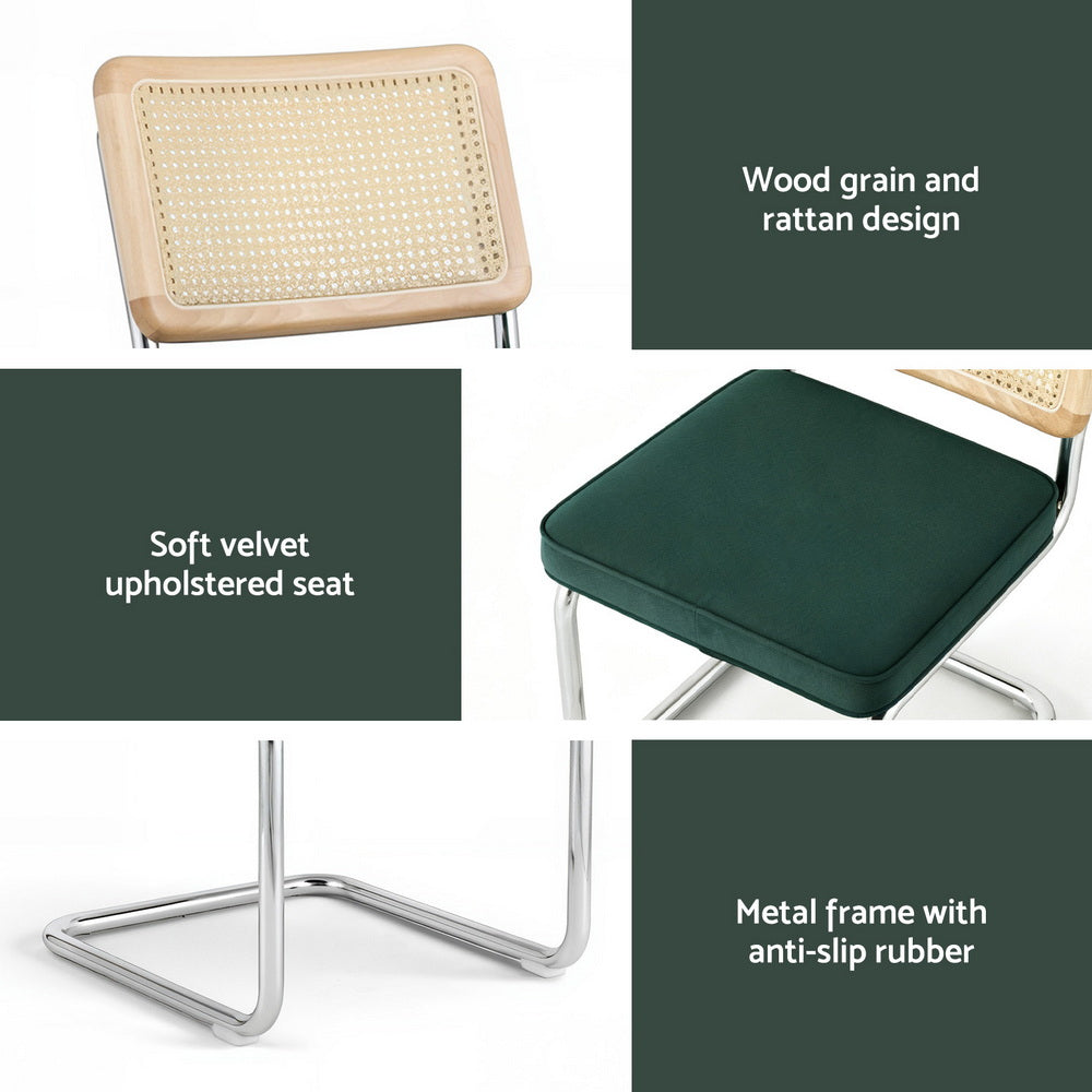 Artiss Dining Chairs Set of 2 Velvet Rattan Cantilever Green - Homecoze