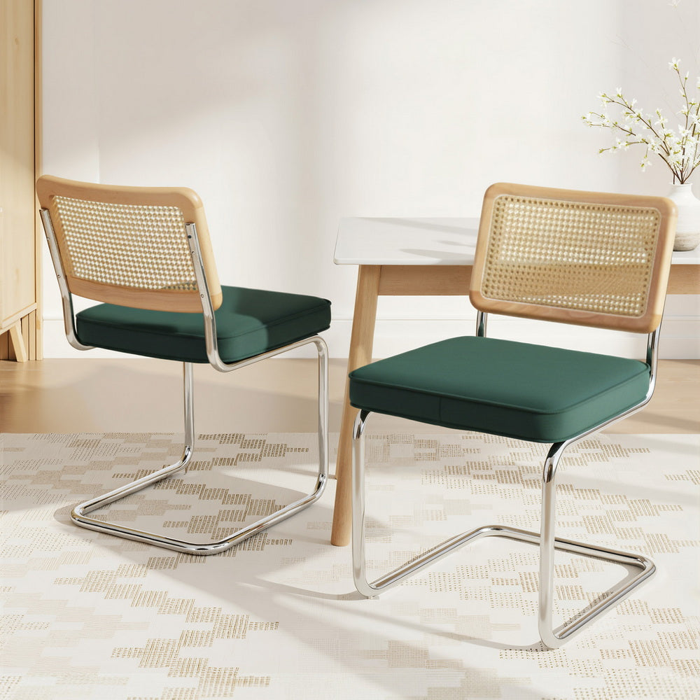 Artiss Dining Chairs Set of 2 Velvet Rattan Cantilever Green - Homecoze