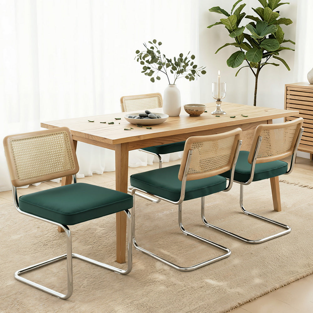 Artiss Dining Chairs Set of 4 Velvet Rattan Cantilever Green - Homecoze