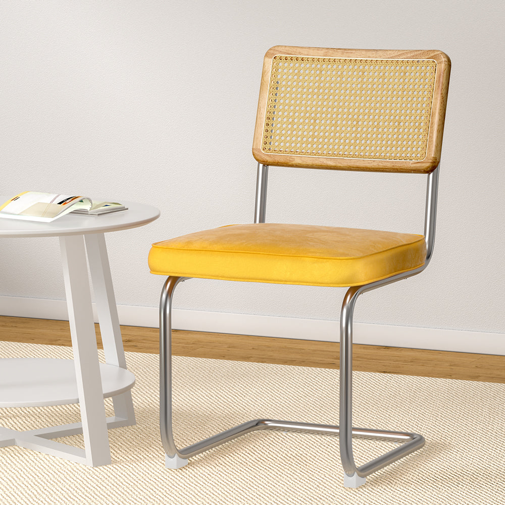 Set of 2 Replica Cesca Cantilevered Dining Chairs Rattan & Velvet - Yellow - Homecoze