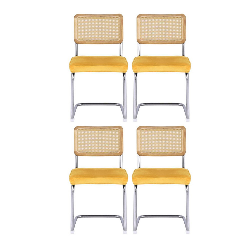 Artiss Dining Chairs Set of 4 Velvet Rattan Cantilever Yellow - Homecoze