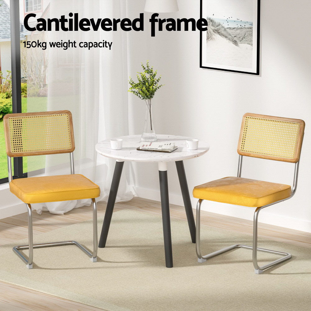 Artiss Dining Chairs Set of 4 Velvet Rattan Cantilever Yellow - Homecoze
