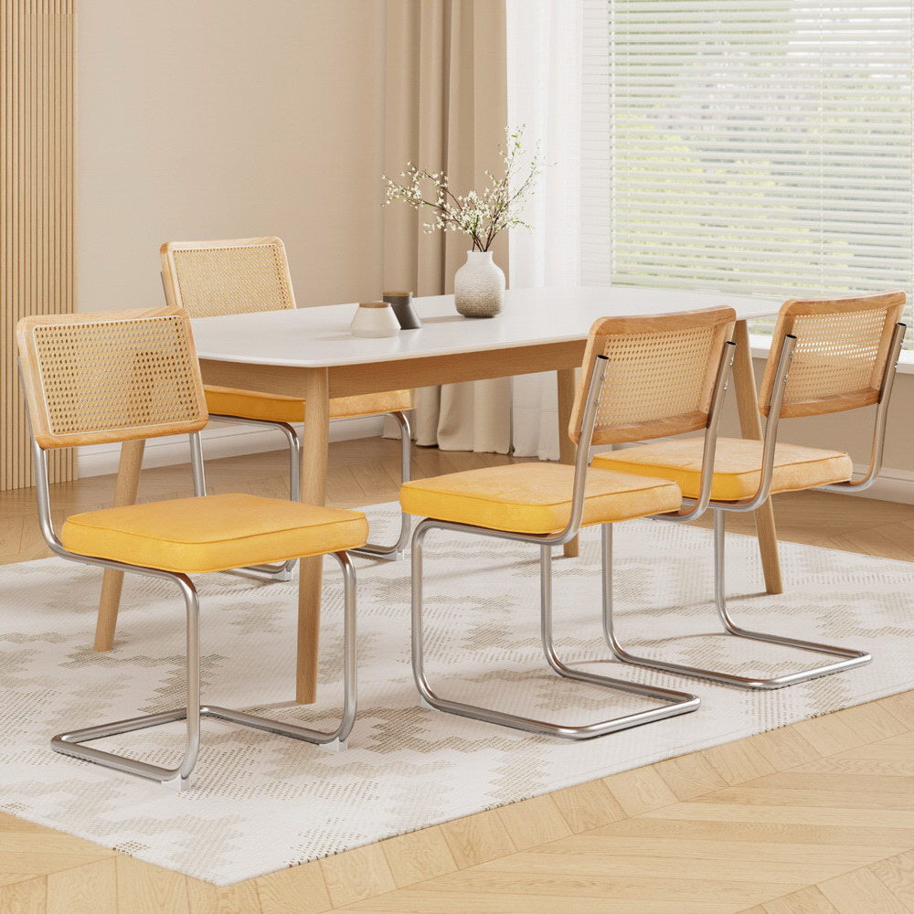 Artiss Dining Chairs Set of 4 Velvet Rattan Cantilever Yellow - Homecoze