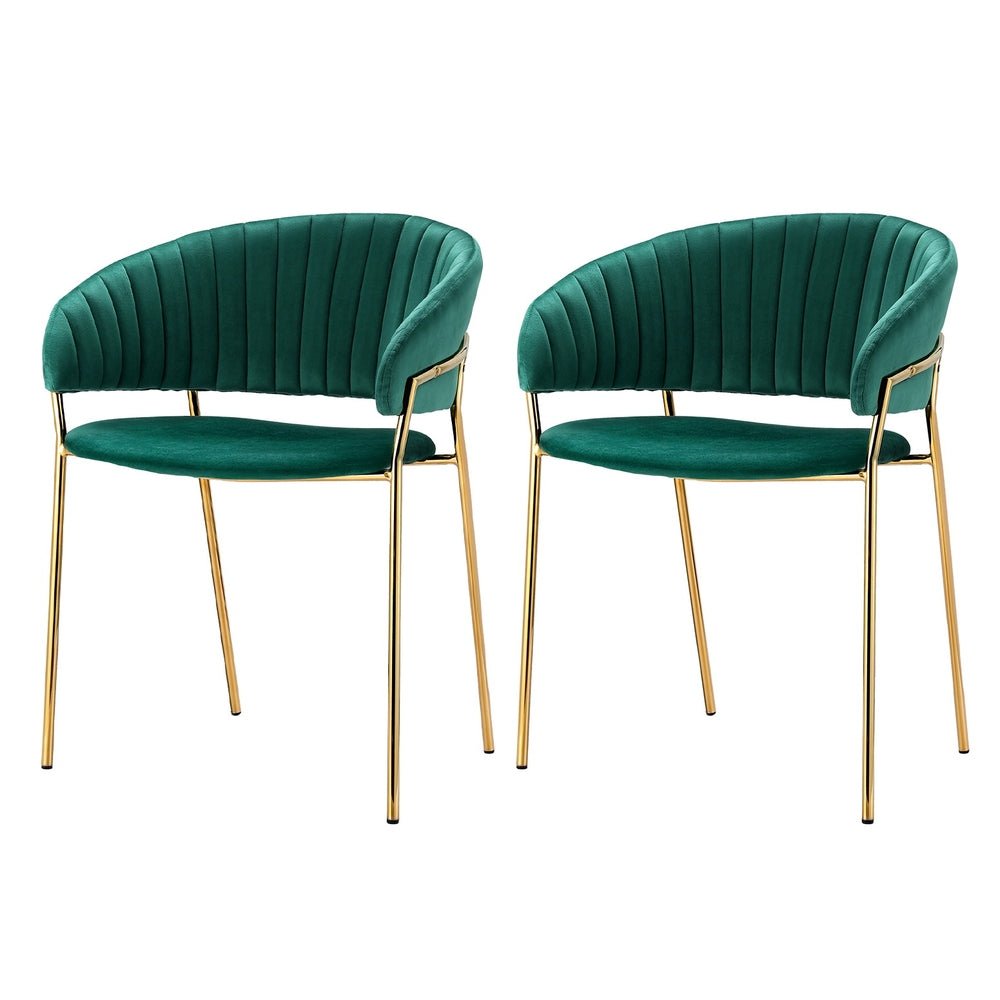 Set of 2 Elegant Dining Chairs Velvet Fabric with Gold Legs - Green - Homecoze