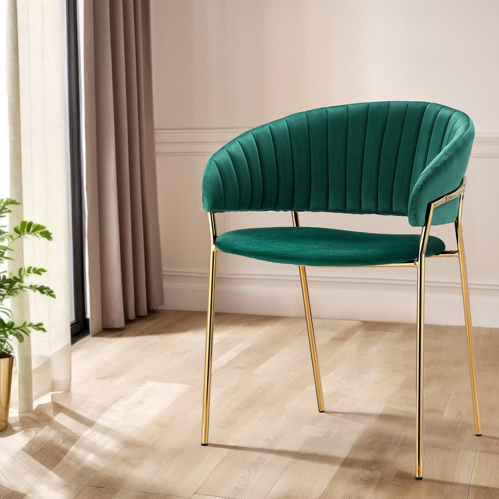 Set of 2 Elegant Dining Chairs Velvet Fabric with Gold Legs - Green - Homecoze