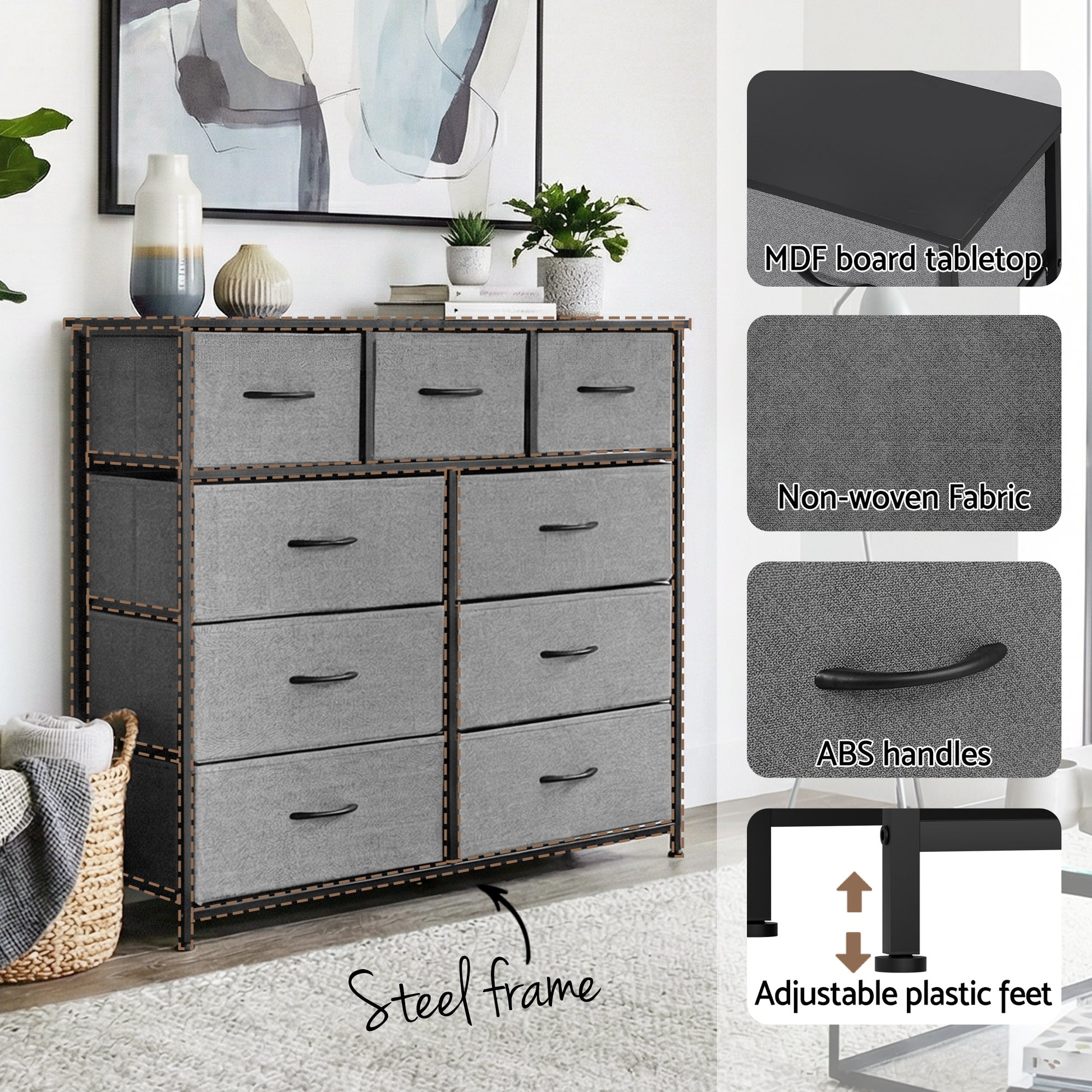 Artiss Chest of 9 Drawers Storage Dresser Tallboy Dark Grey - Homecoze