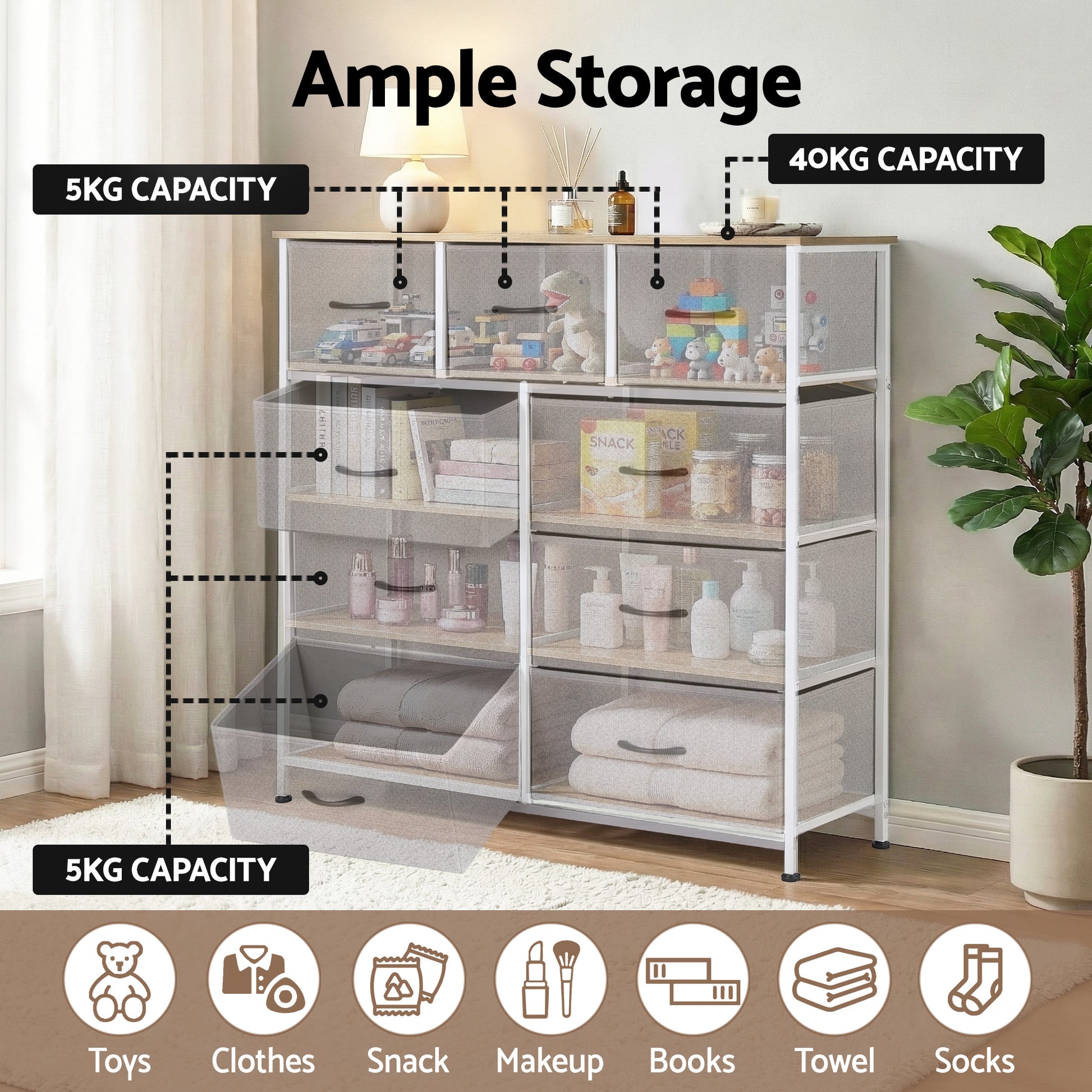 Artiss Chest of 9 Drawers Storage Dresser Tallboy Light Grey - Homecoze