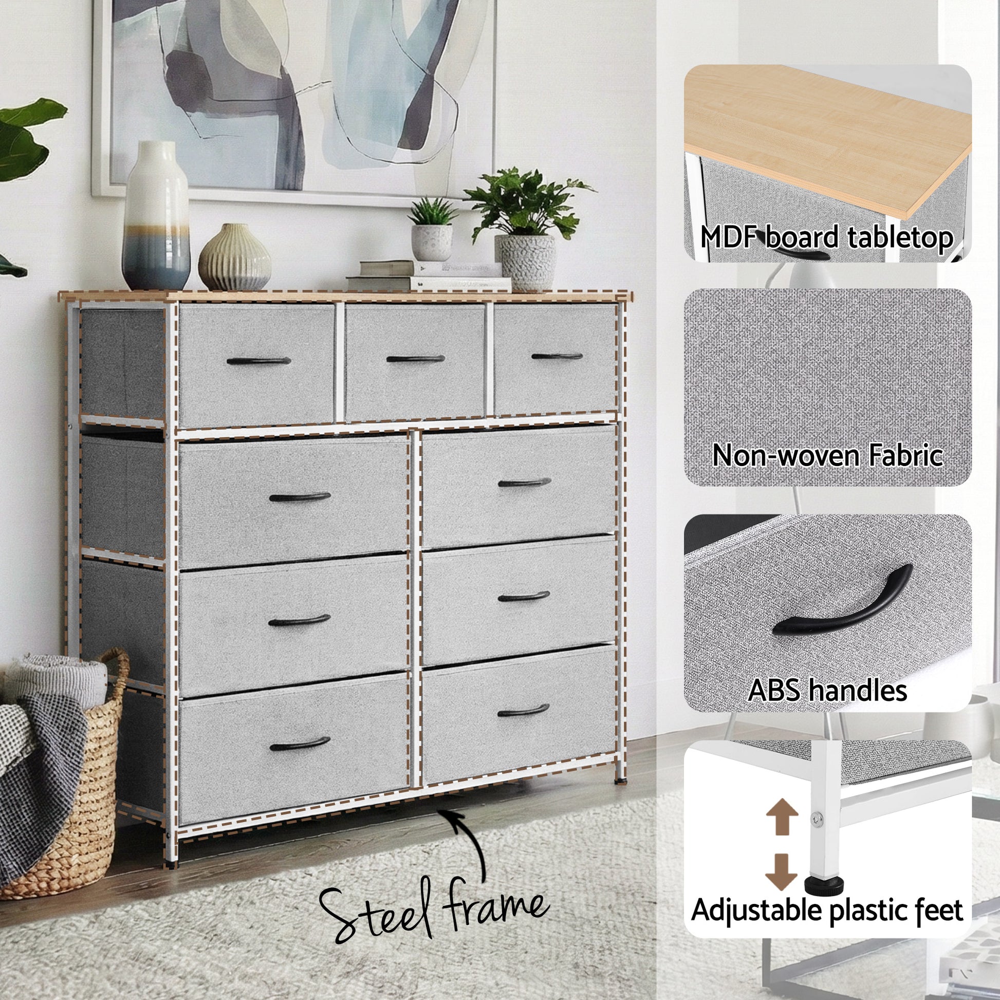 Artiss Chest of 9 Drawers Storage Dresser Tallboy Light Grey - Homecoze