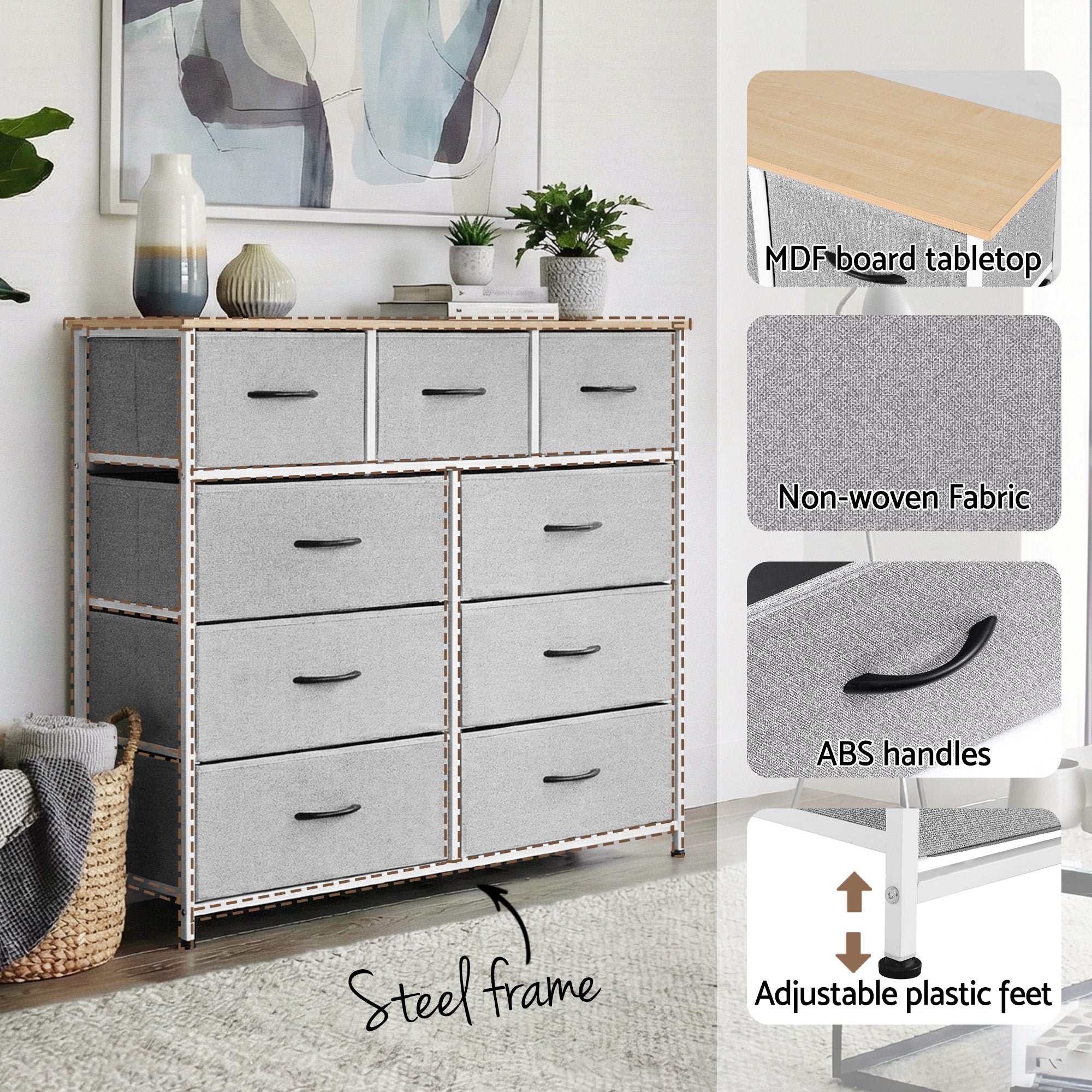 Artiss Chest of 9 Drawers Storage Dresser Tallboy Light Grey - Homecoze