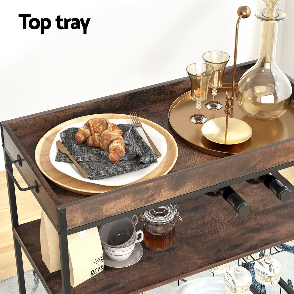 Kitchen Island Serving Cart Trolley - Rustic Brown - Homecoze