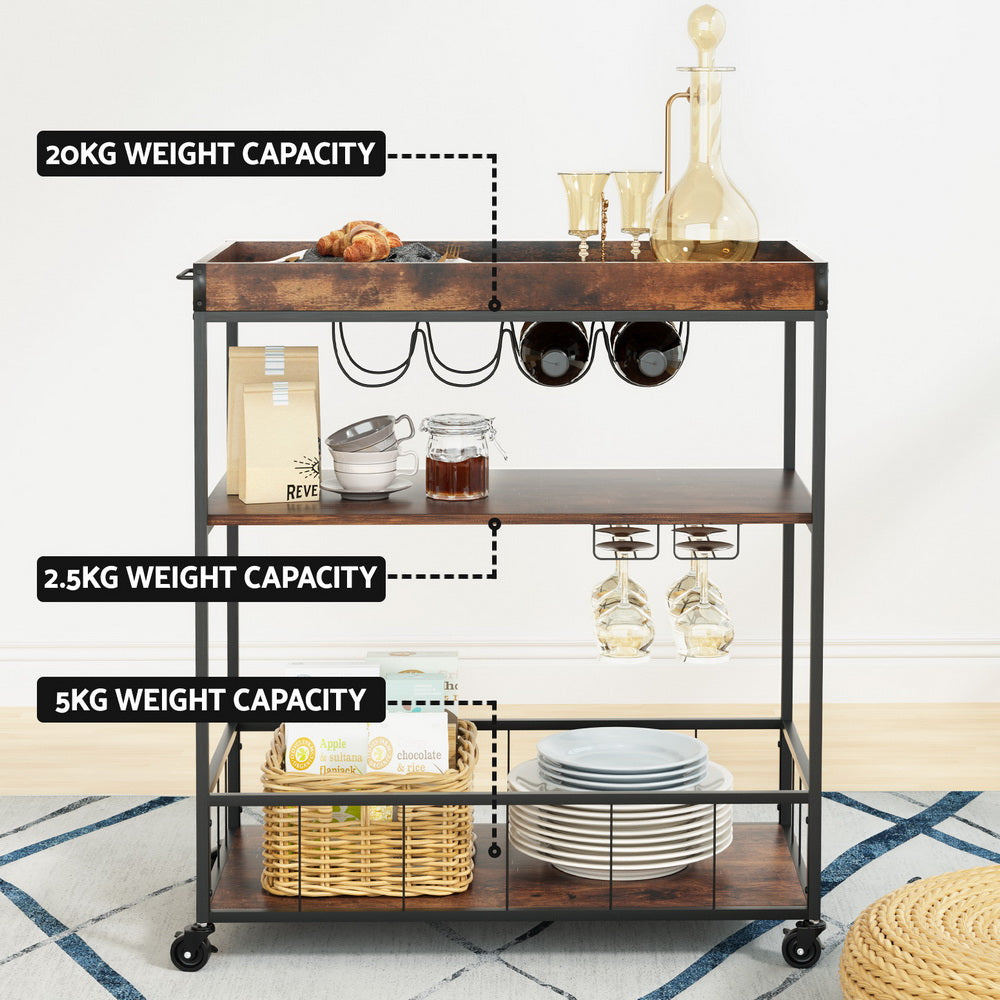 Kitchen Island Serving Cart Trolley - Rustic Brown - Homecoze