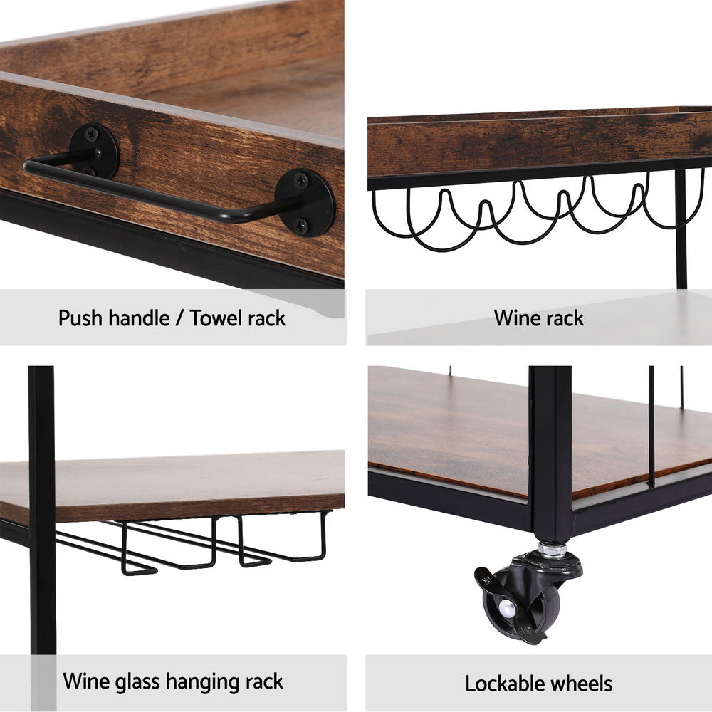 Kitchen Island Serving Cart Trolley - Rustic Brown - Homecoze