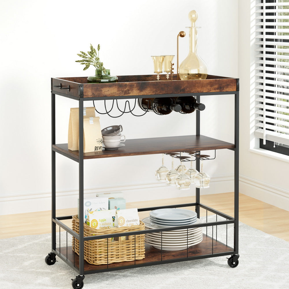 Kitchen Island Serving Cart Trolley - Rustic Brown - Homecoze