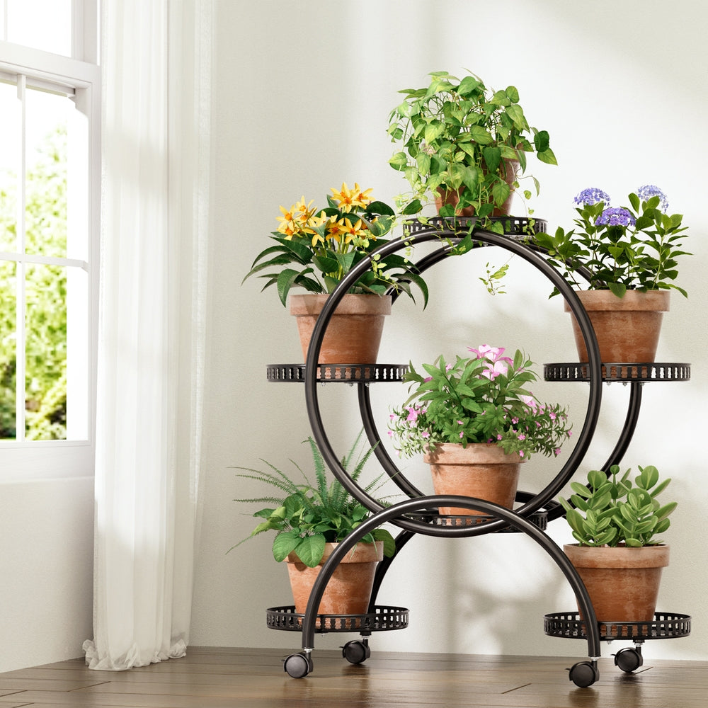 6-Tier Metal Plant Stand with Wheels - Black