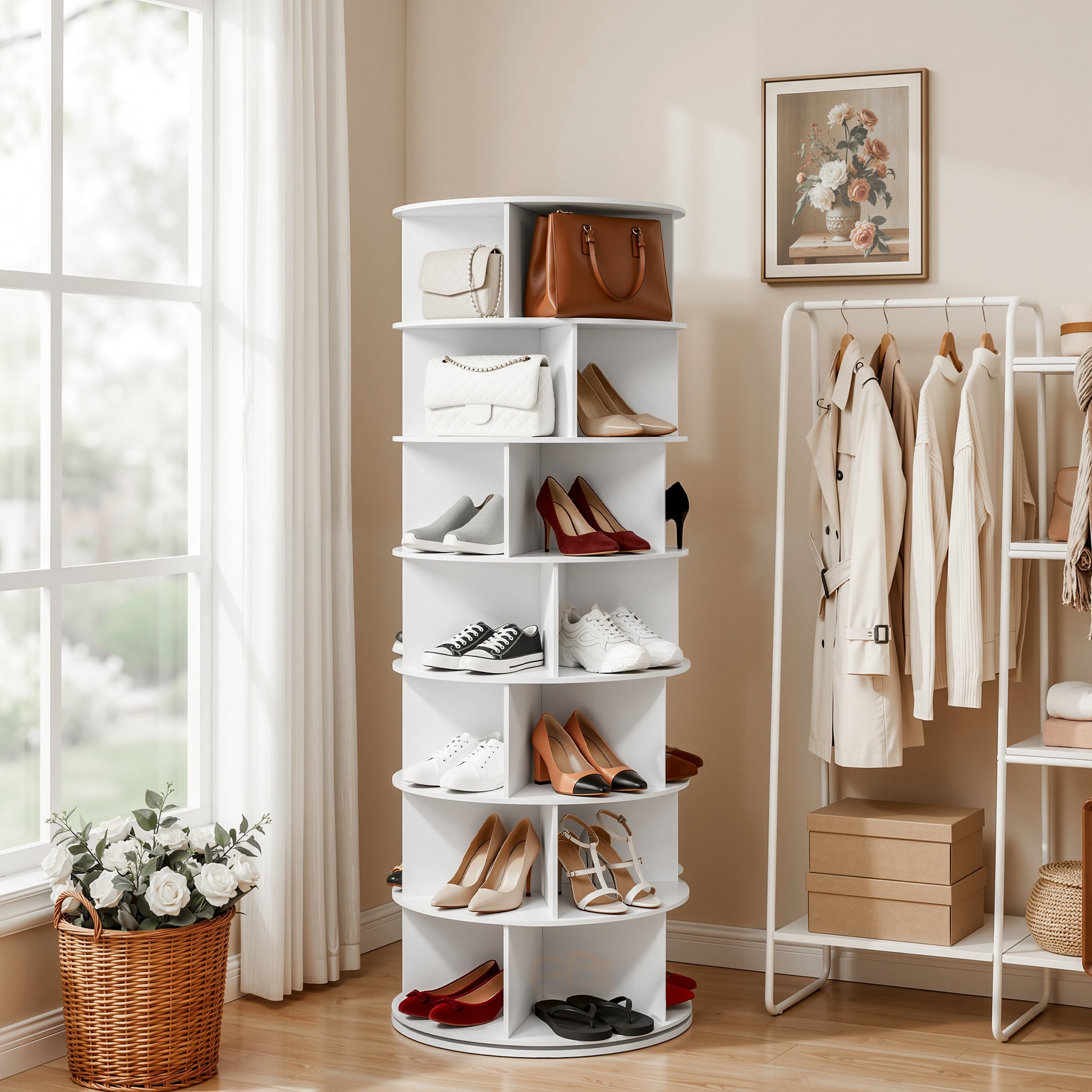 Artiss 7 Tier 360° Rotating Shoe Rack Storage Display Shelf White - Homecoze