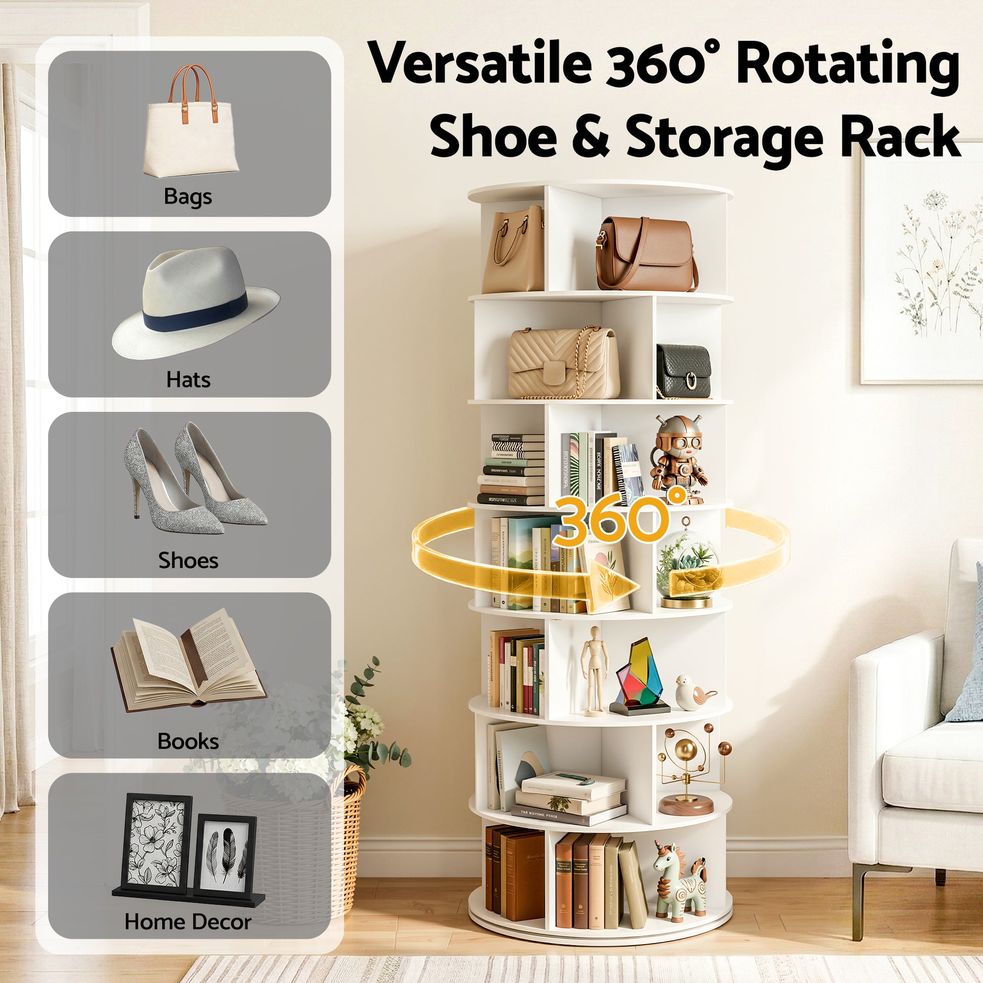 Artiss 7 Tier 360° Rotating Shoe Rack Storage Display Shelf White - Homecoze