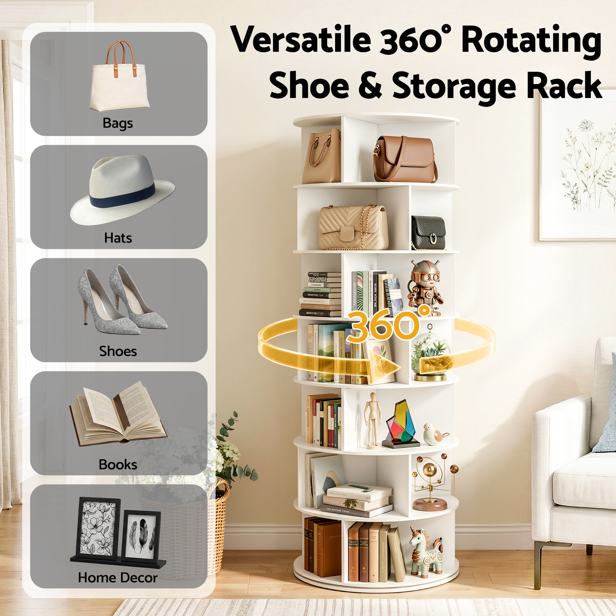 Artiss 7 Tier 360° Rotating Shoe Rack Storage Display Shelf White - Homecoze