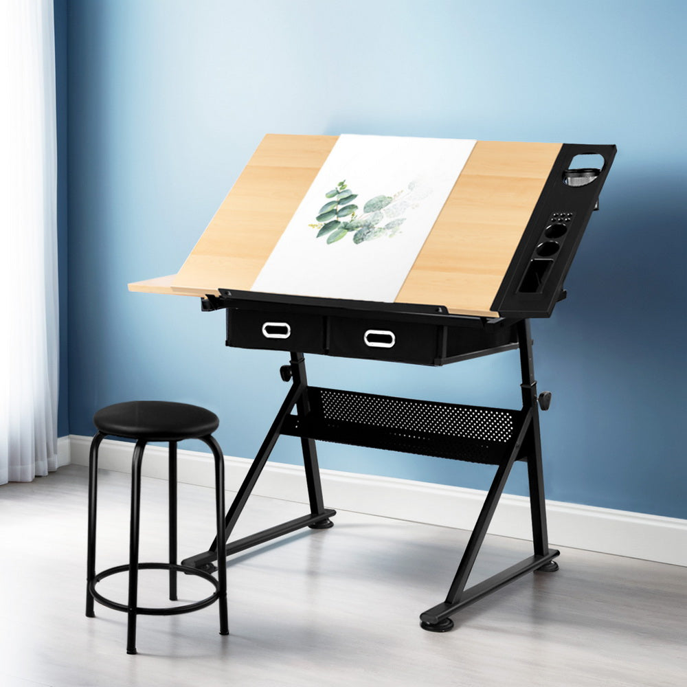 Tilt Drafting Table Stool Set - Natural & Black - Homecoze