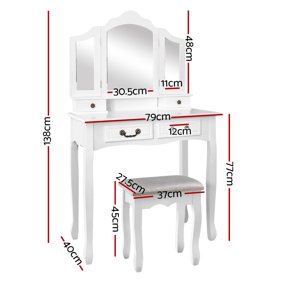 Provincial Style Dressing Table with Foldable Mirror & Stool - White - Homecoze