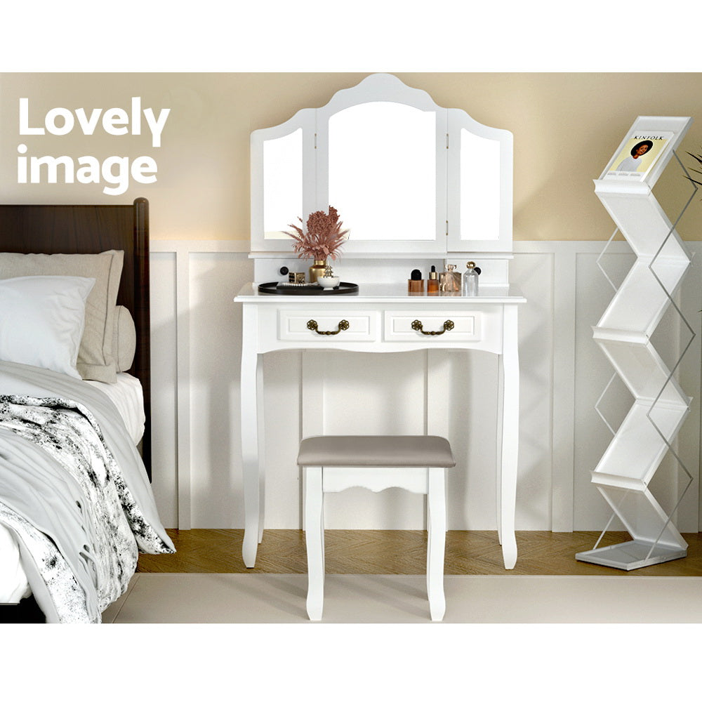Provincial Style Dressing Table with Foldable Mirror & Stool - White - Homecoze