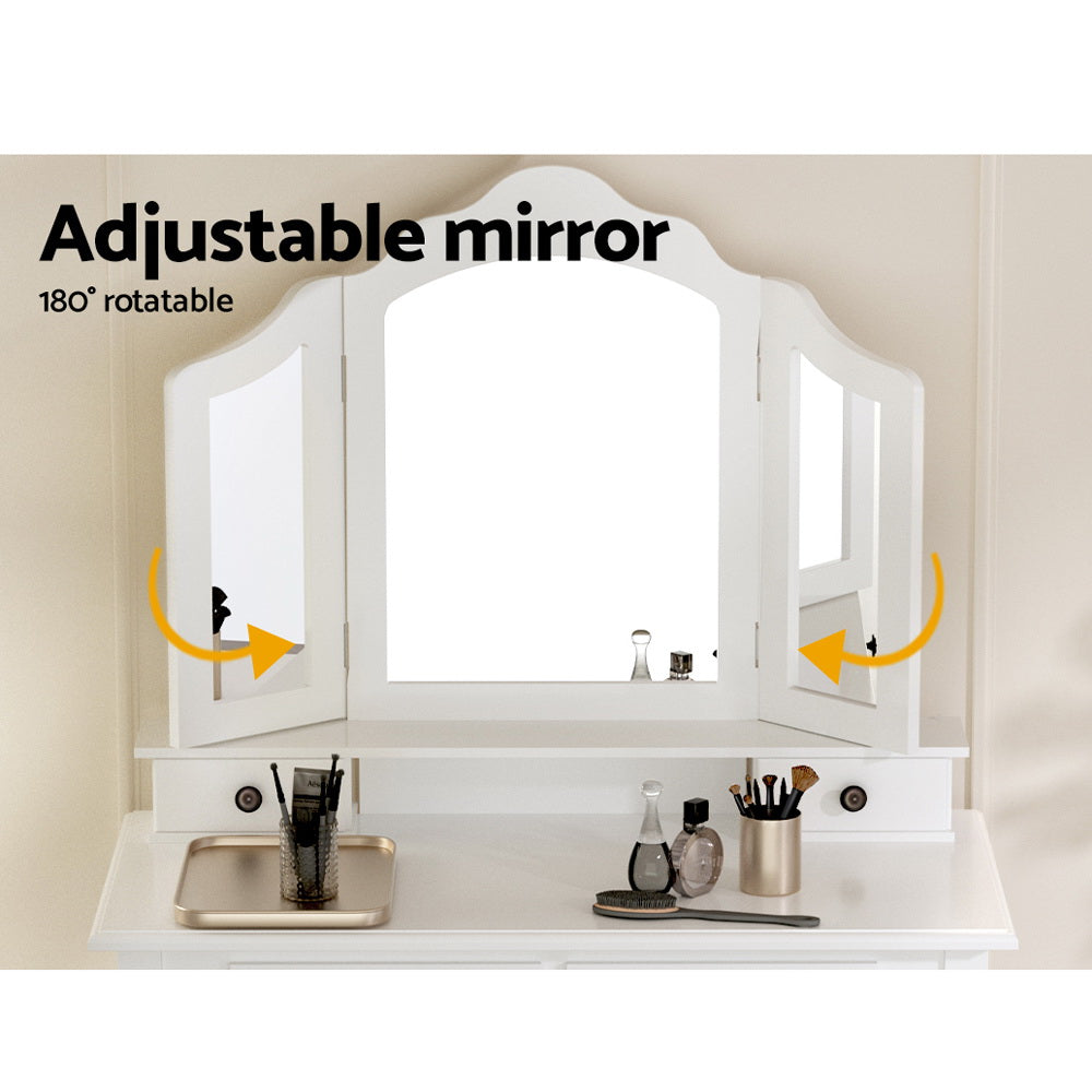 Provincial Style Dressing Table with Foldable Mirror & Stool - White - Homecoze