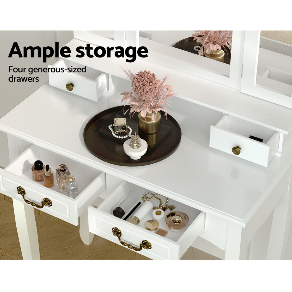 Provincial Style Dressing Table with Foldable Mirror & Stool - White - Homecoze