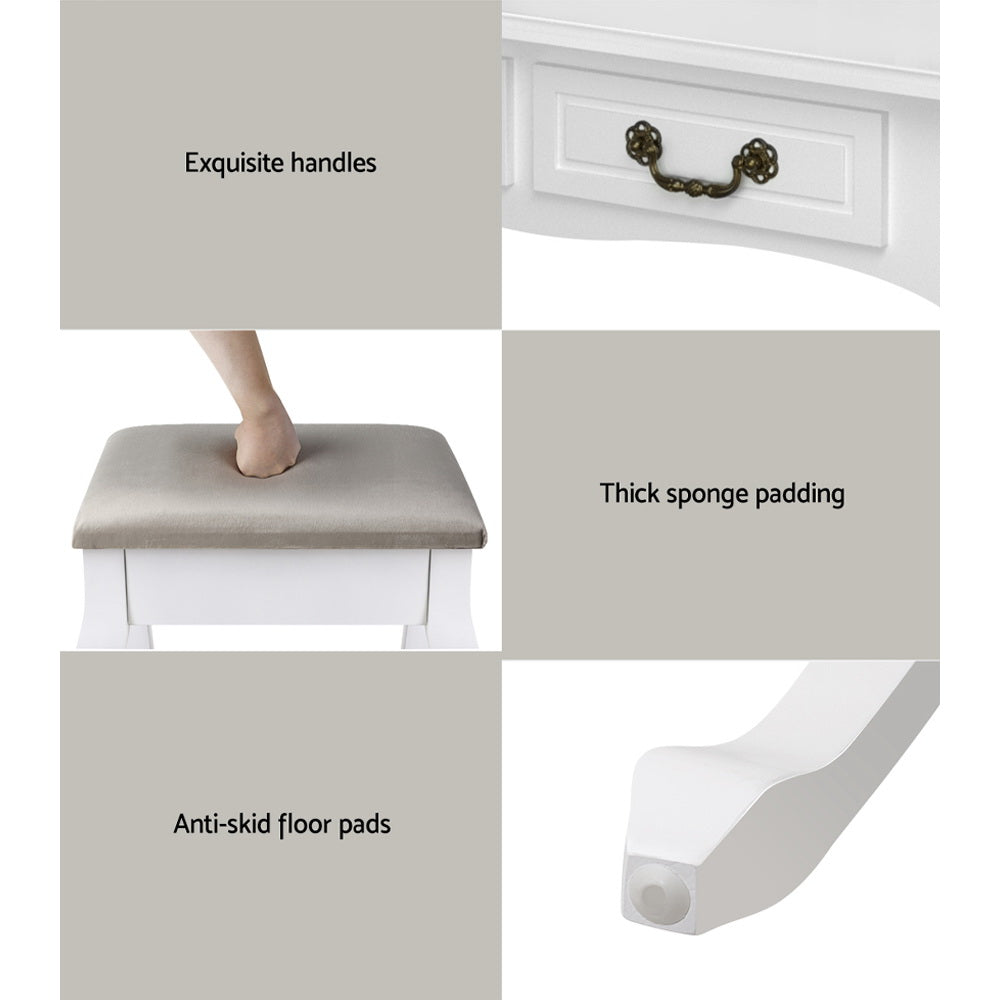 Provincial Style Dressing Table with Foldable Mirror & Stool - White - Homecoze