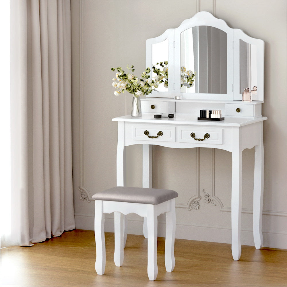 Provincial Style Dressing Table with Foldable Mirror & Stool - White - Homecoze